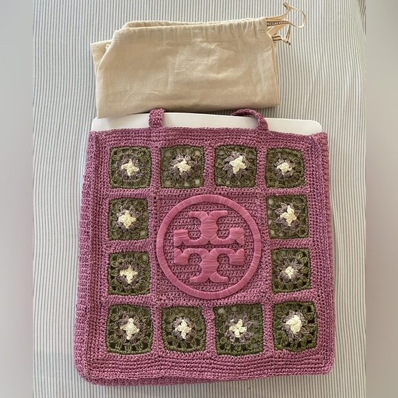 Tory Burch Pink & Green Raffia Hand Crochet Tote Bag - Picture 2 of 8